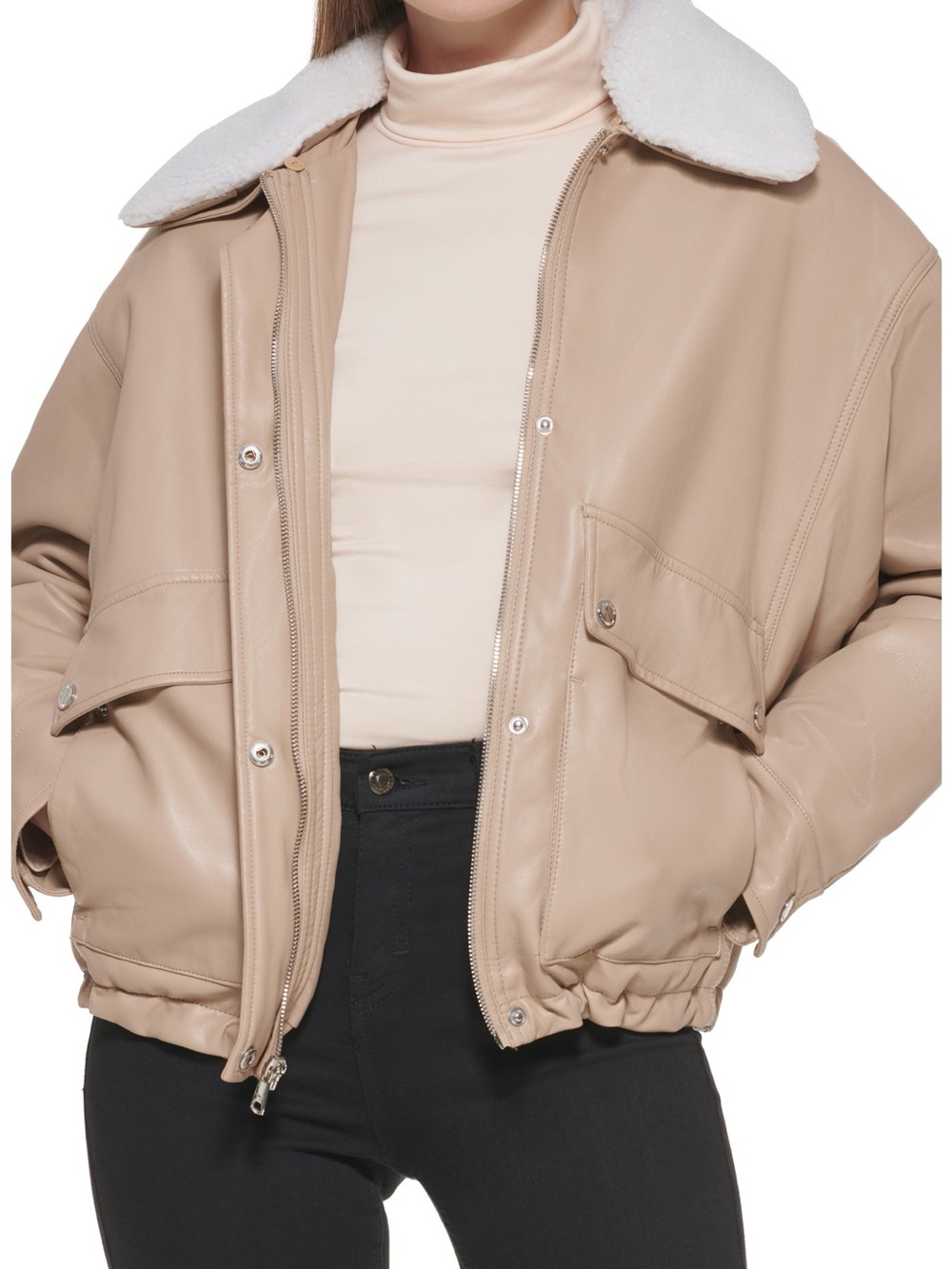 Kenneth Cole Beige Bomber Jacket with Removable White Sherpa Collar